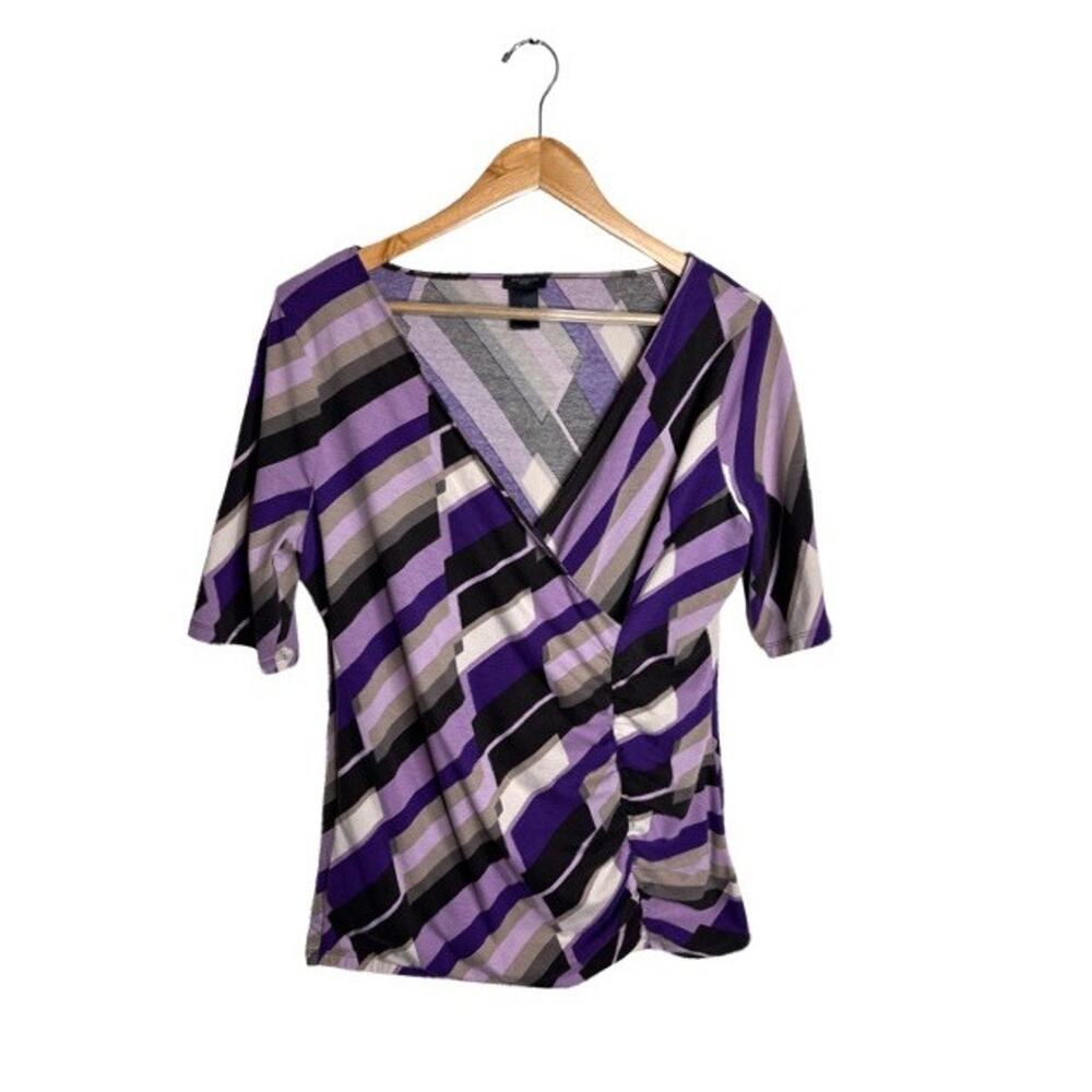Ann Taylor Faux Wrap Blouse Purple Geometric Black Size Large V Neck Fitted
